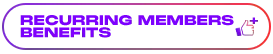 Purple text reading "recurring members benefits" inside a purple and red gradient oval, with a small thumbs up icon on the right side